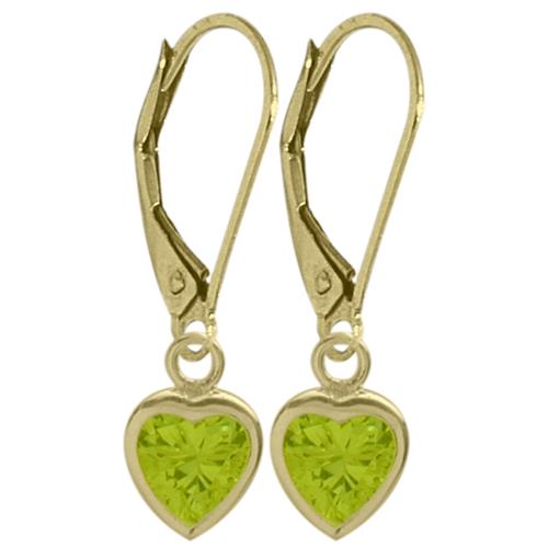 August 1.50 Carat Genuine Peridot Yellow 14 Karat Gold Heart Leverback Earrings
