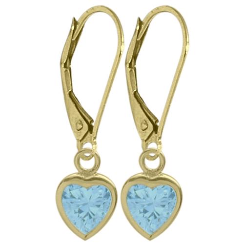 December 1.80 Carat Genuine Blue Topaz Yellow 14 Karat Gold Heart Leverback Earrings
