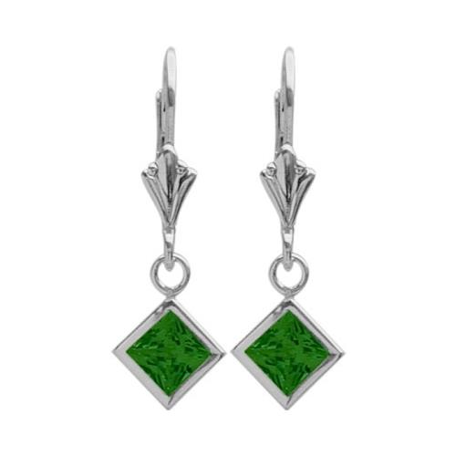 Sterling Silver 1.10 Carat Princess Cut Square 5mm Created Emerald Leverback Earrings