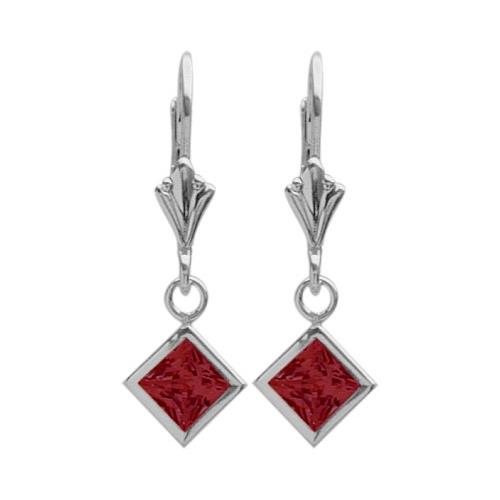 Sterling Silver 1.60 Carat Princess Cut Square 5mm Created Ruby Leverback Earrings