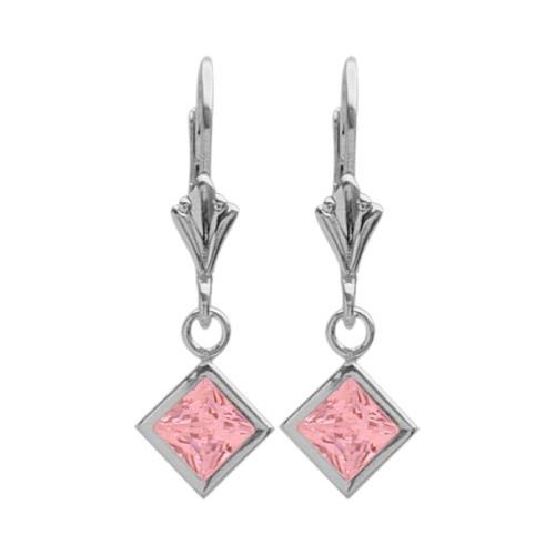 Sterling Silver 2.00 Carat Princess Cut Square 5mm Created Pink Tourmaline Leverback Earrings
