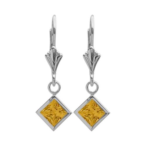 Sterling Silver 2.00 Carat Princess Cut Square 5mm Created Yellow Topaz Leverback Earrings