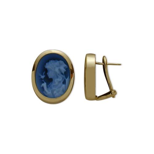 14K Yellow Gold Blue Agate Cameo Earrings