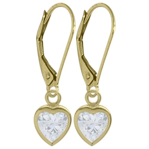 14 Karat Yellow Gold Genuine 1.70tcw. White Topaz Heart Leverback Earrings