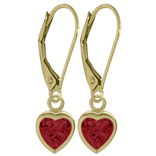10 Karat Yellow Gold 1.80 CT. Created Ruby Heart Leverback Earrings