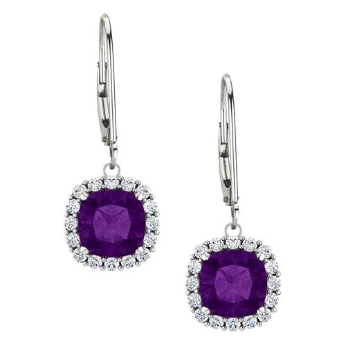 Sterling Silver Genuine 1.40 tcw. 6mm Amethyst & Created White Sapphire Leverback Halo Earrings