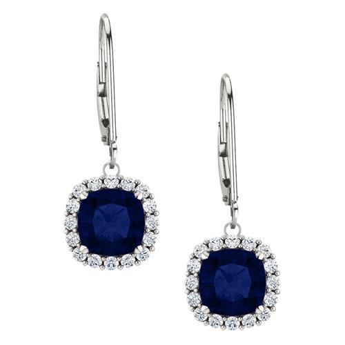 Sterling Silver 2.40 tcw. 6mm Created Sapphire & Created White Sapphire Leverback Halo Earrings