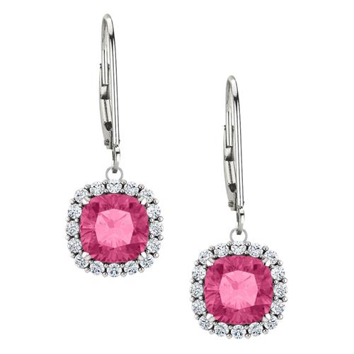Sterling Silver 2.20 tcw. 6mm Created Pink Sapphire & Created White Sapphire Leverback Halo Earrings