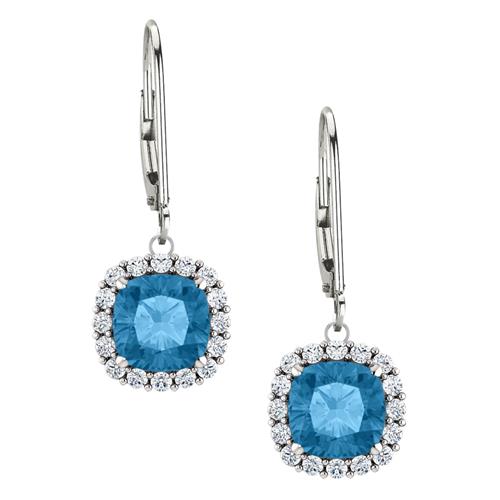 Sterling Silver 1.70 Carat 6mm Genuine Blue Topaz & Created White Sapphire Leverback Halo Earrings