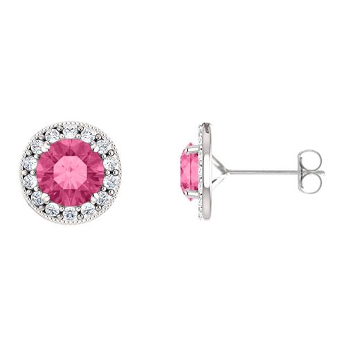Sterling Silver 2.00 tcw. 6mm Created Pink Sapphire & Created White Sapphire Halo Stud Earrings