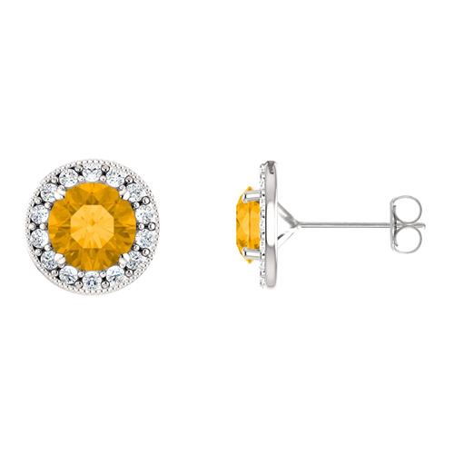 Sterling Silver Genuine 1.40 tcw. 6mm Citrine & Created White Sapphire Halo Stud Earrings