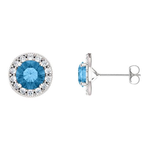 Sterling Silver 1.80 Carat 6mm Genuine Blue Topaz & Created White Sapphire Halo Stud Earrings