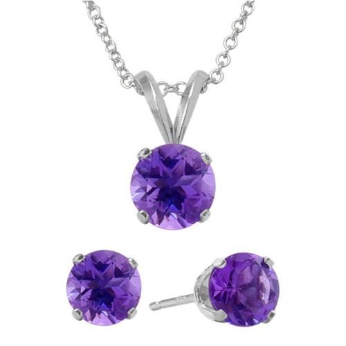 Elite Jewels 2.10 Carat Round Genuine February Amethyst Pendant & Earrings Set with 18" Chain