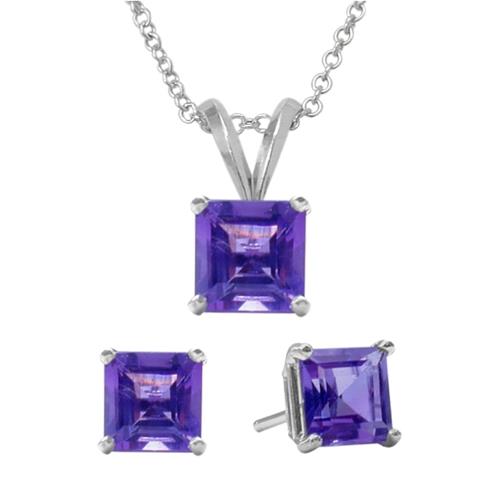 Elite Jewels 1.80 Carat Square Genuine February Amethyst Pendant & Earrings Set with 18" Chain