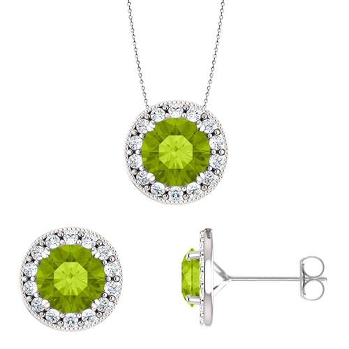 Elite Jewels Sterling Silver Genuine 2.55 tcw. 6mm Round Peridot & Created White Sapphire Pendant & Earring Setwith 18" Chain