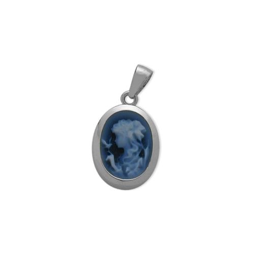 Elite Jewels 14 Karat White Gold Blue Agate Cameo Pendant with 18" chain