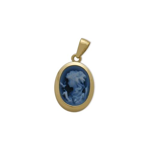 Elite Jewels 14K Yellow Gold Blue Agate Cameo Pendant with 18" chain