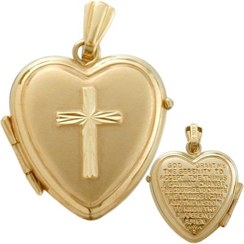 Ladies Yellow Gold Heart Religious Cross Locket with Prayer with 18 Inch Chain