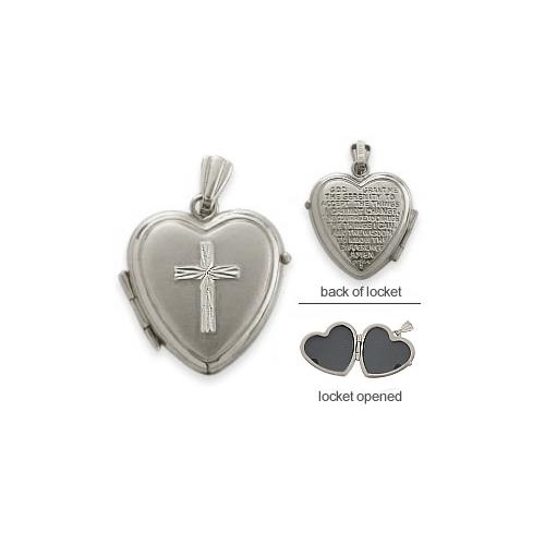 Ladies White Gold Heart Religious Cross Locket with Prayer with 18 Inch Chain