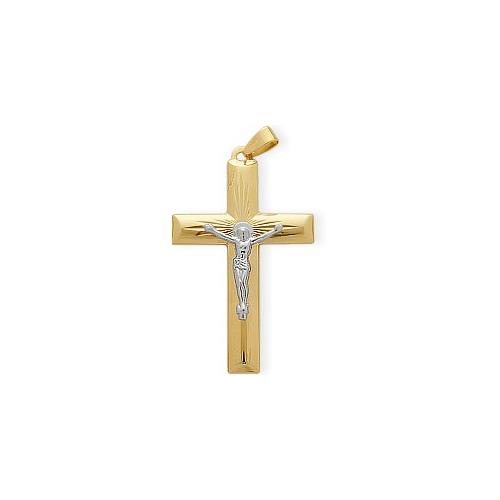Religious Two-Tone High Polish Diamond Cut Crucifix Cross with 18 Inch Chain