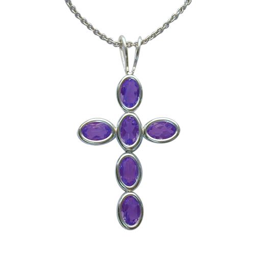 Sterling Silver Genuine Amethyst Oval Cross with 18 inch chain