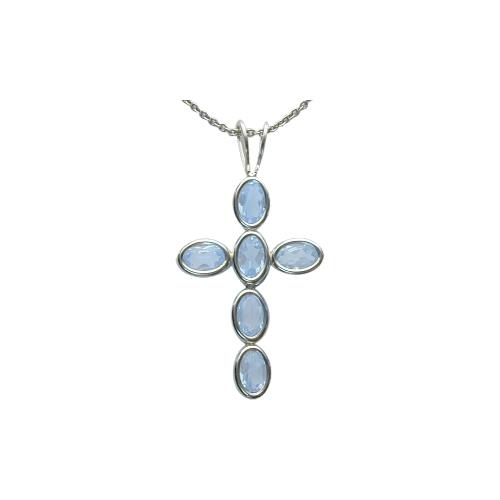 Sterling Silver Created Aquamarine Oval Cross with 18 inch chain