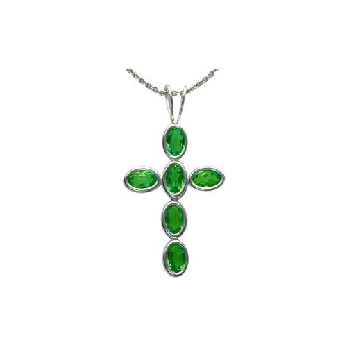Sterling Silver Created Emerald Oval Cross with 18 inch chain