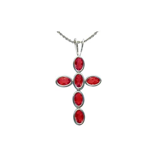 Sterling Silver Created Ruby Oval Cross with 18 inch chain