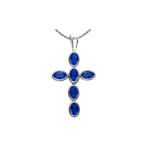 Sterling Silver Created Sapphire Oval Cross with 18 inch chain