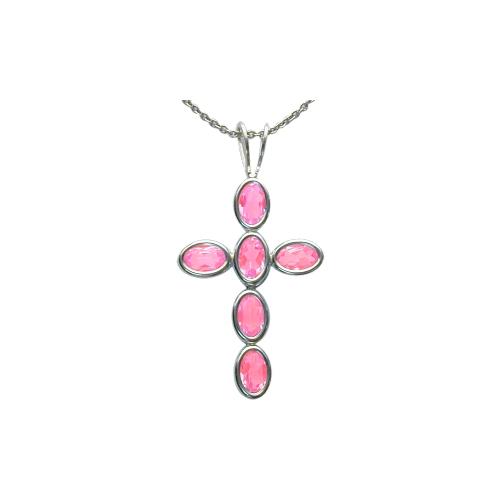 Sterling Silver Created Pink Tourmaline Oval Cross with 18 inch chain