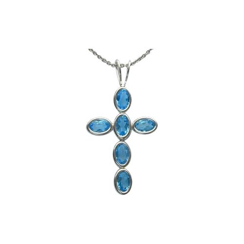 Sterling Silver Genuine Blue Topaz Oval Cross with 18 inch chain