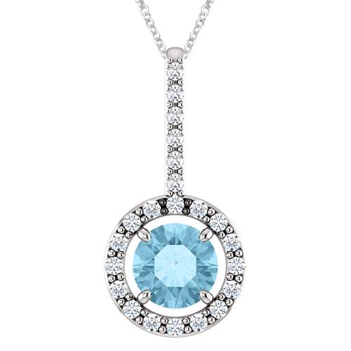 Elite Jewels 10K White Gold 0.55 tcw. 5mm Created Aquamarine & Created White Sapphire Pendant with 18" Chain