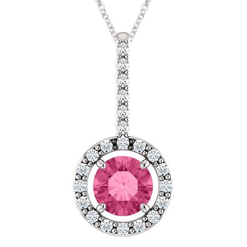 Elite Jewels 10K White Gold 0.85 tcw. 5mm Created Pink Tourmaline & Created White Sapphire Pendant with 18" Chain
