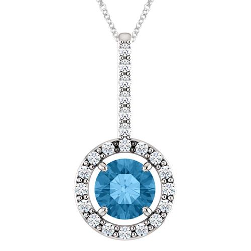 Elite Jewels 10K White Gold 0.55 tcw. Genuine 5mm Blue Topaz & Created White Sapphire Pendant with 18" Chain