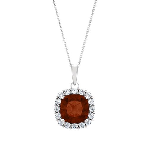 Elite Jewels Sterling Silver Genuine 0.85 tcw. 6mm Cushion Garnet & Created White Sapphire Pendant with 18" Chain
