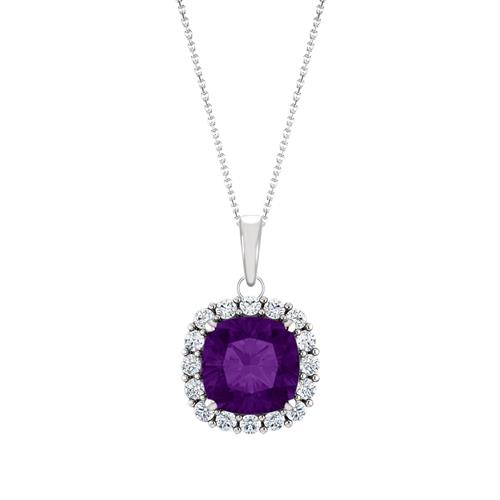 Elite Jewels Sterling Silver Genuine 0.70 tcw. 6mm Cushion Amethyst & Created White Sapphire Pendant with 18" Chain
