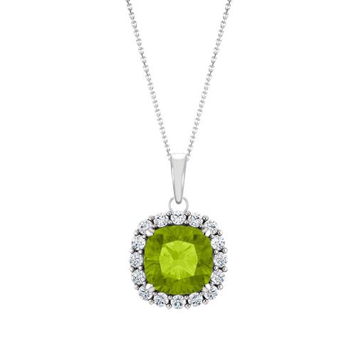 Elite Jewels Sterling Silver Genuine 0.85 tcw. 6mm Cushion Peridot & Created White Sapphire Pendant with 18" Chain
