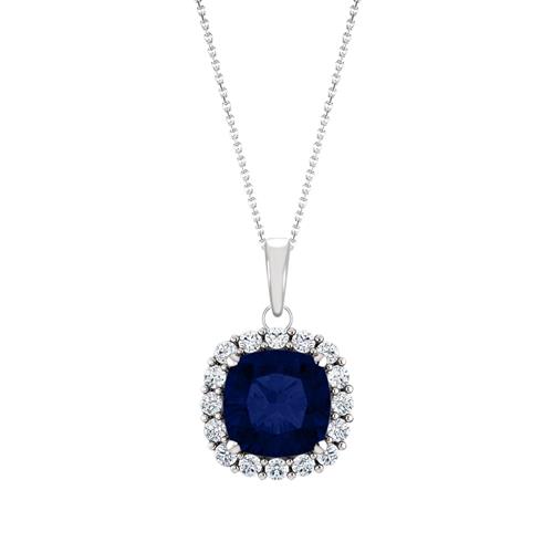 Elite Jewels Sterling Silver 1.20 tcw. 6mm Cushion Created Sapphire & Created White Sapphire Pendant with 18" Chain