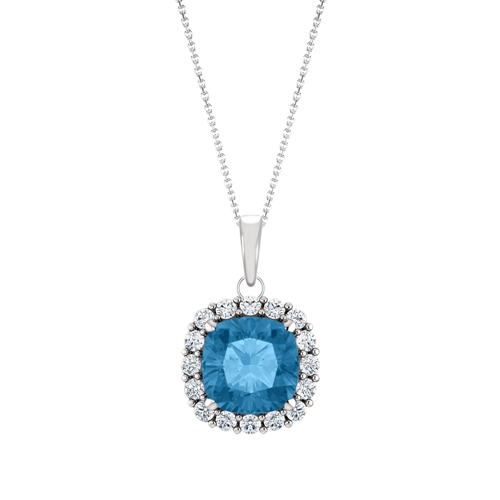 Elite Jewels Sterling Silver Genuine 1.00 tcw. 6mm Cushion Blue Topaz & Created White Sapphire Pendant with 18" Chain