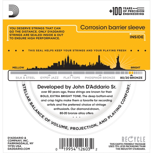 D'Addario EJ14 80/20 Bronze Acoustic Guitar Strings - Light Top / Medium Bottom 12-56