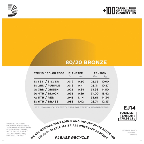 D'Addario EJ14 80/20 Bronze Acoustic Guitar Strings - Light Top / Medium Bottom 12-56