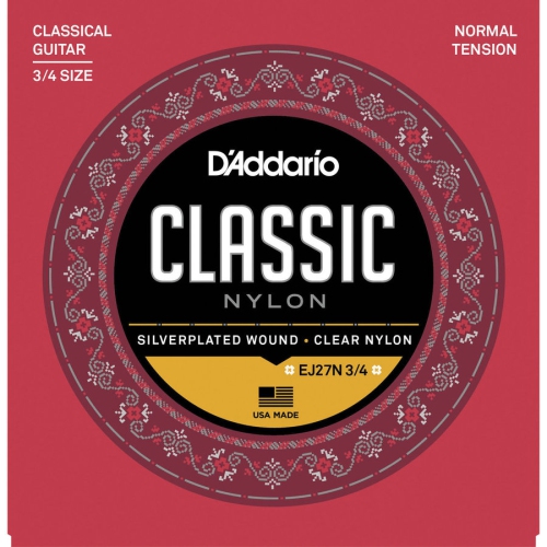 D'Addario EJ27N Student Fractional Classical Guitar Strings - 3/4, Silver Plated