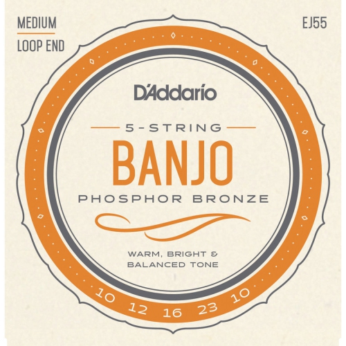 D'Addario Phosphor Bronze 5-String Banjo Strings - Loop End, Medium, 10-23