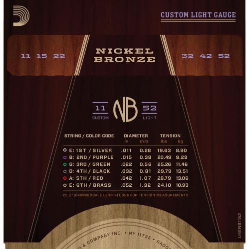 D'Addario NB1152 Nickel Bronze Acoustic Guitar Strings - Custom Light 11-52