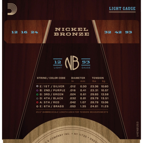 D'Addario NB1253 Nickel Bronze Acoustic Guitar Strings - Light 12-53
