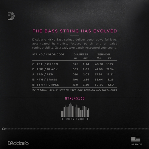 D'Addario NYXL Bass Guitar Strings - Regular Light Long Scale 45-130