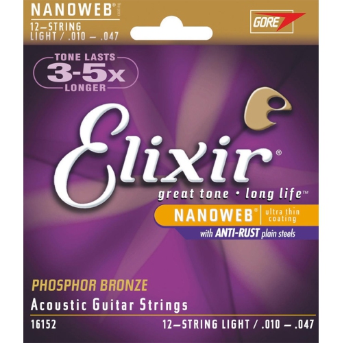 Elixir Nanoweb Phosphor-Bronze Acoustic Guitar Strings - 12-String Light, 10-47