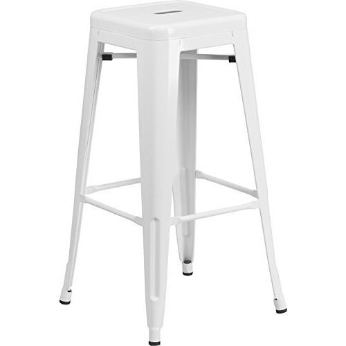 NICER INTERIOR  Occ 4-Tolix Style Backless Metal Industrial Stack Bar Height Stool-Stackable Cafe Bar Stools Stacking Barstool-White
