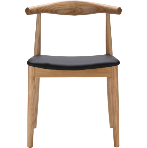 Hans Wegner Style Elbow Dining Chair, Black PU Seat Cushion, Natural Finish