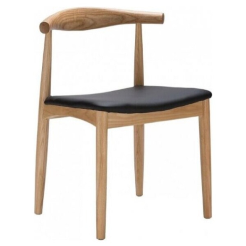Hans Wegner Style Elbow Dining Chair, Black Faux Leather Cushion Natural Finish-2